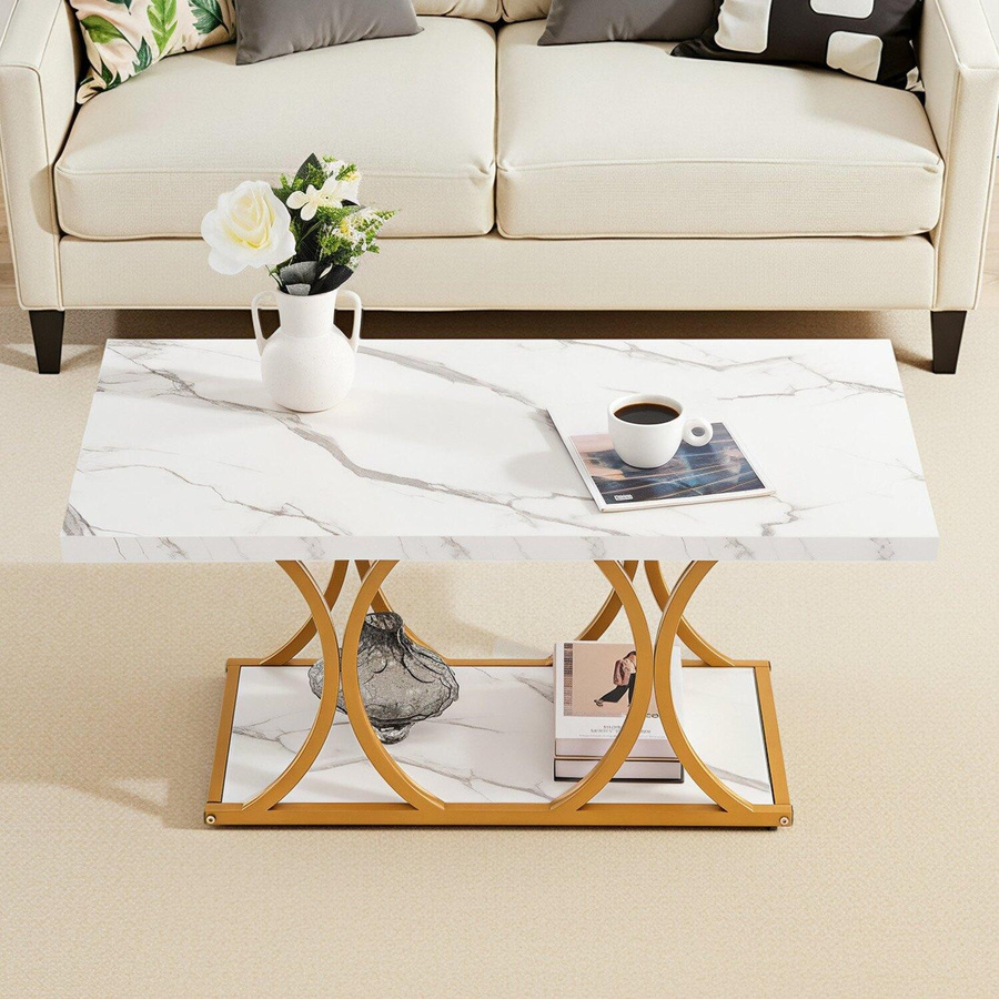 Buying Solutions MB Moderner Couchtisch in Weiß mit Holzmaserungs-Design und 2 Ebenen, rechteckiger Mitteltisch aus Spanplatte und Metall, B/T/H: 120 x 59,5 x 48 cm - Bild 2