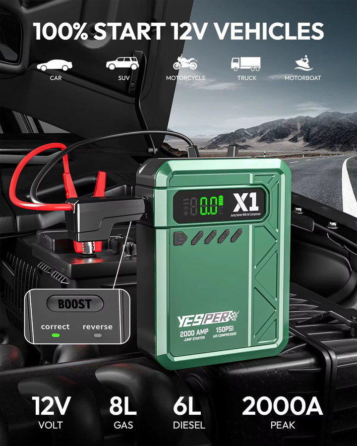 YESPER 2-in-1 Starthilfe und Luftkompressor 2000A, 150PSI tragbarer Notfall-Booster für 12V Auto, SUV und LKW, Farbe: Grün - Bild 2