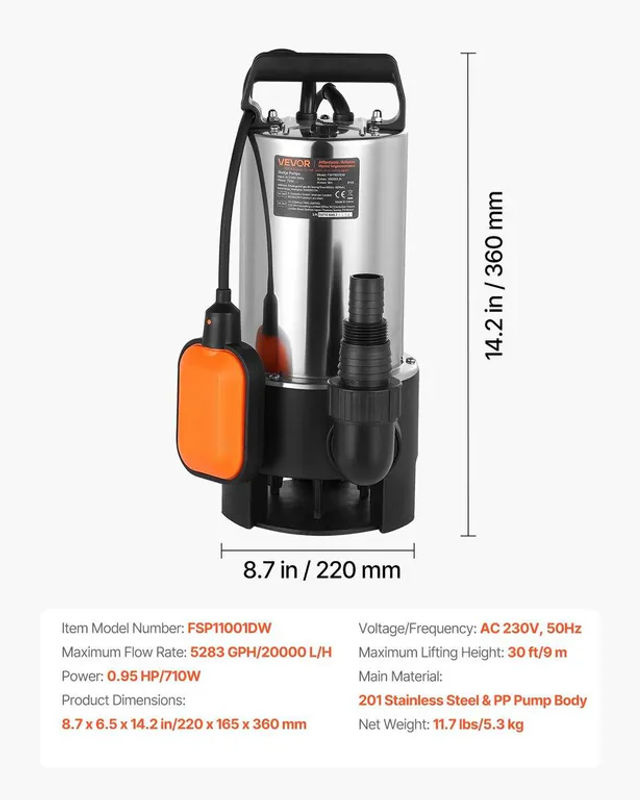Buying Solutions MB Tauchpumpe aus Edelstahl für Schmutz- und Klarwasser mit automatischem Schwimmerschalter, 710W, 20000 L/H, Farbe: Silber - Bild 3