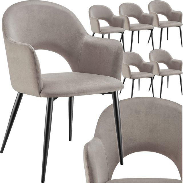 tectake Armlehnstühle Sachel Set aus 6 Stück in Samtoptik, gepolstert, Taupe, B/T/H: 57 x 61,5 x 87,5 cm - Bild 2