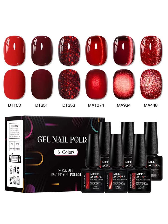 Meet Across Magnetgel & Farbgel Nagellack Set, 6-teilig, Rot-Rosa, Glänzend - Bild 5