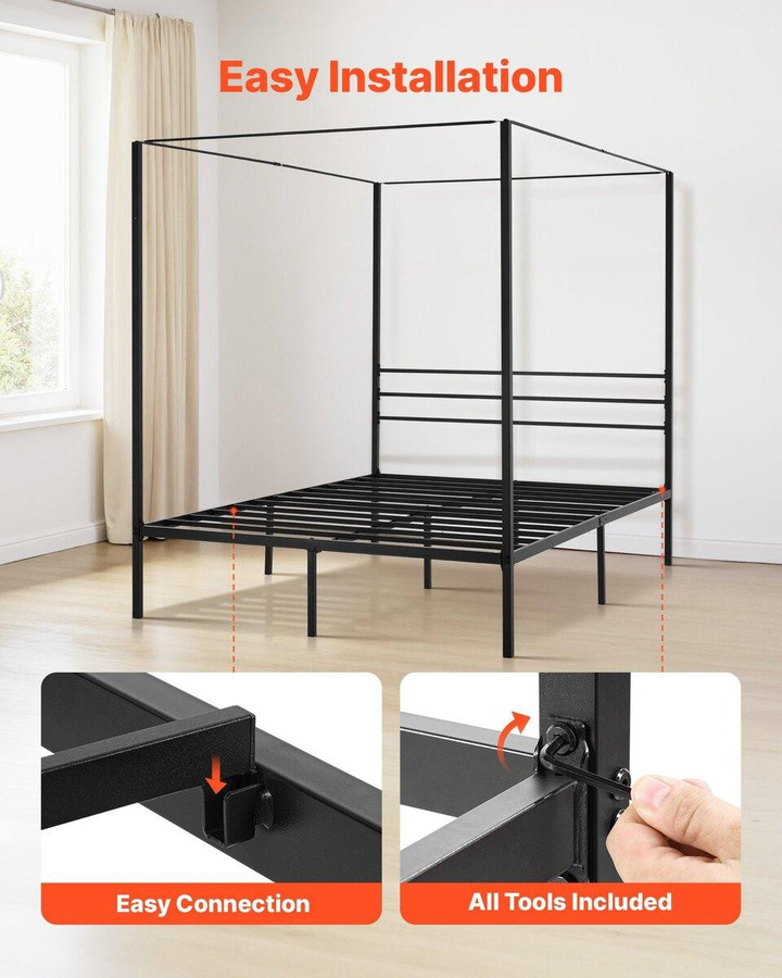 Buying Solutions MB Queen-Size Himmelbettgestell aus Metall in Schwarz mit Vierpfosten-Design, B/T/H: 150 x 200 x 183 cm - Bild 6
