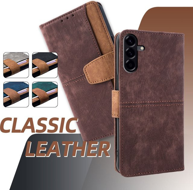 Leder-Brieftasche mit Metallschnalle als Flip-Hülle für Samsung Galaxy A56 A36 A26 A16 A06 A55 A35 A25 A15 A54 A34 A24 in Grau oder Braun - Bild 1