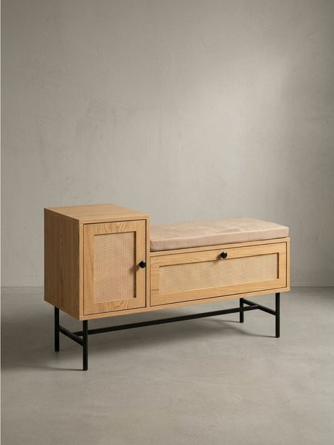 Schuhbank KADIMA DESIGN in Eiche-Dekor mit Rattan-Elementen und gepolsterter Sitzfläche in Beige/Braun, B/T/H: 100 x 60 x 38 cm - Bild 1