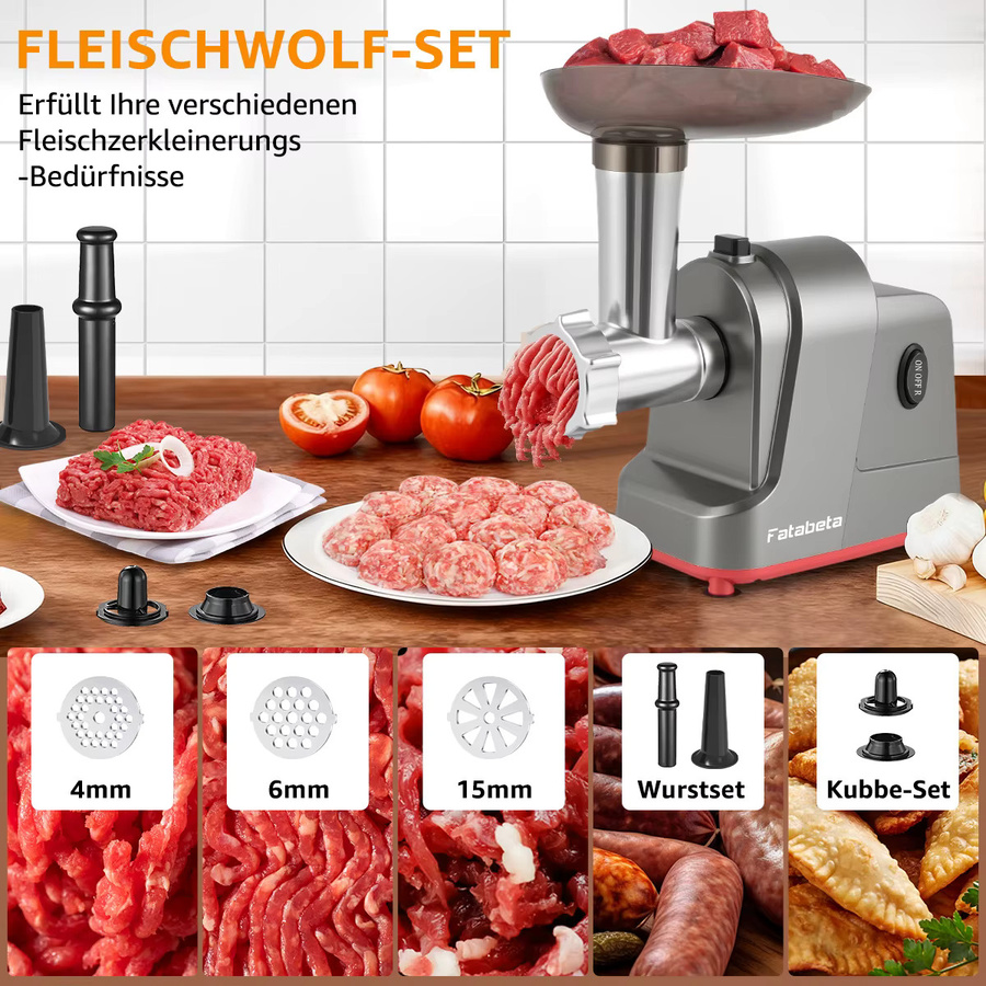 Fatabeta 2-in-1 Elektrische Fleisch- und Gemüsemühle mit Wurstfüller und 15 Zubehörteilen aus Edelstahl in Silber - Bild 2