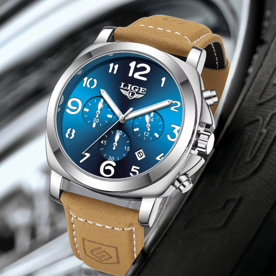 LIGE Chronograph, Quarz, Leder, Blau, Herren - Bild 3