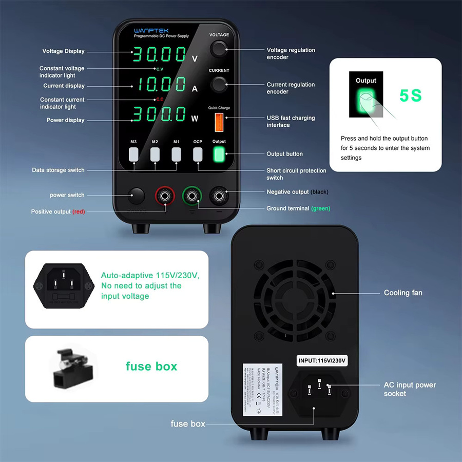 Wanptek DC Labor-Netzteil Schwarz mit einstellbarer Spannung und Stromstärke 30V 10A 60V 5A 120V 3A - Bild 5