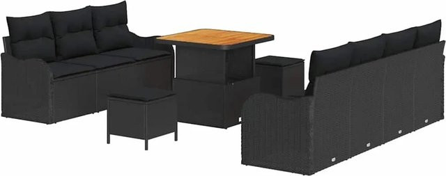 vidaXL 10-teiliges Garten-Sofa-Set in Schwarz aus Polyrattan und Akazie mit Kissen und Couchtisch für Garten, Balkon oder Terrasse - Bild 1