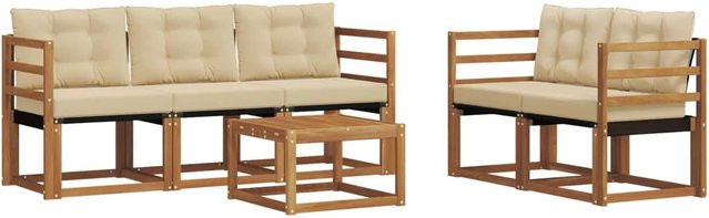 vidaXL Outdoor-Sofagarnitur 6-teilig aus massivem Akazienholz mit Textilene und Kissen in Natur und Beige - Bild 1