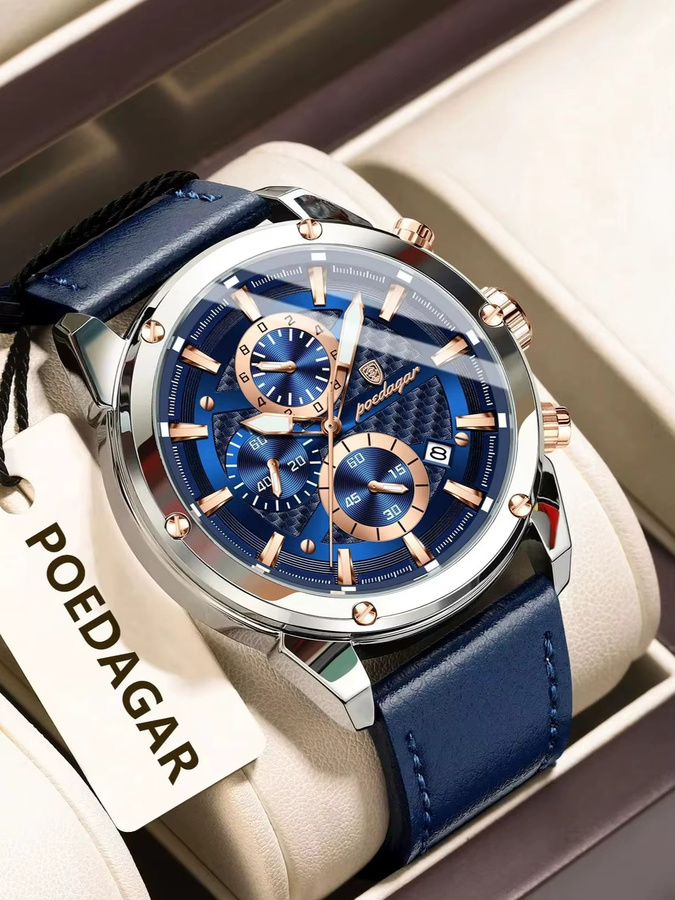 POEDAGAR Armbanduhr Chronograph, Quarz, Leder, Herren, Blau - Bild 7