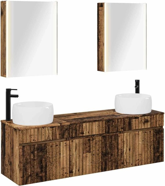 vidaXL Badezimmerschrank-Set 5-teilig aus Altholz in Braun mit LED-Beleuchtung und Spiegelschrank, B/T/H: 53 x 15,5 x 70 cm - Bild 1