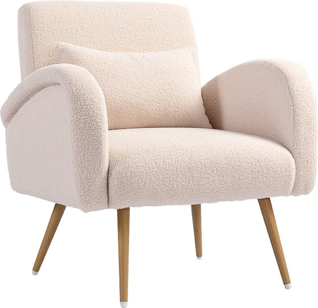 HOMCOM Loungesessel mit Teddyplüschbezug und Lendenkissen in Beige, moderner Sessel mit Metallbeinen in Holzoptik für Wohnzimmer und Büro, B/T/H: 77 x 77 x 83 cm - Bild 1