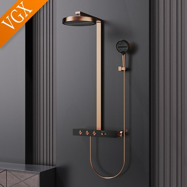 VGX Thermostatisches Duschsystem-Set aus Messing in Gold mit Regenduschkopf - Bild 1