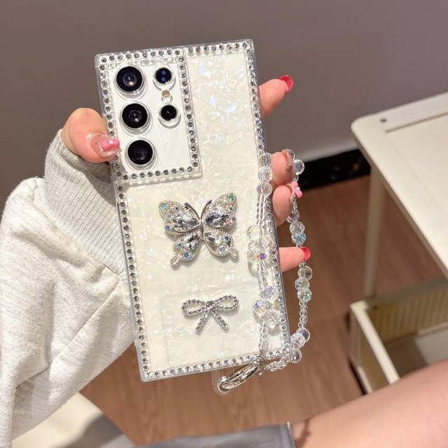Diamant Schutzhülle für Samsung Galaxy S26 Ultra S25 S24 S23 S22 FE Plus mit Schmetterlings-Kette und Glitzer-Armband in Transparent - Bild 1