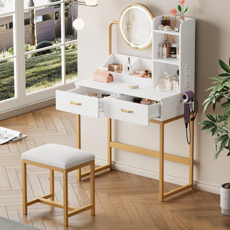 Moderner Schminktisch von RN Store in Weiß mit Gold-Akzenten, inklusive LED-Beleuchtung, drehbarem HD-Spiegel, Föhnhalter und Hocker, B/T/H: 80 x 40 x 138,5 cm - Bild 2