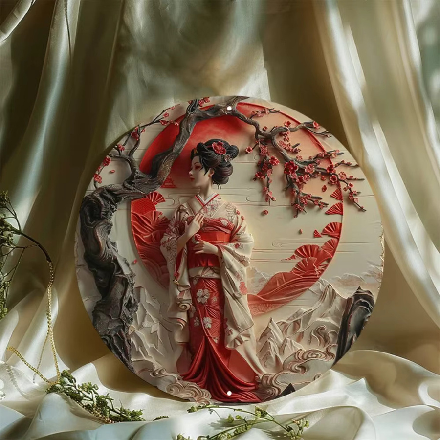 Amawe Aluminium-Wandkunst Japanischer Sonnenuntergang mit Frauenporträt, Rundes Metallschild in Multicolour, UV-beständige Dekoration für Innen und Außen - Bild 4