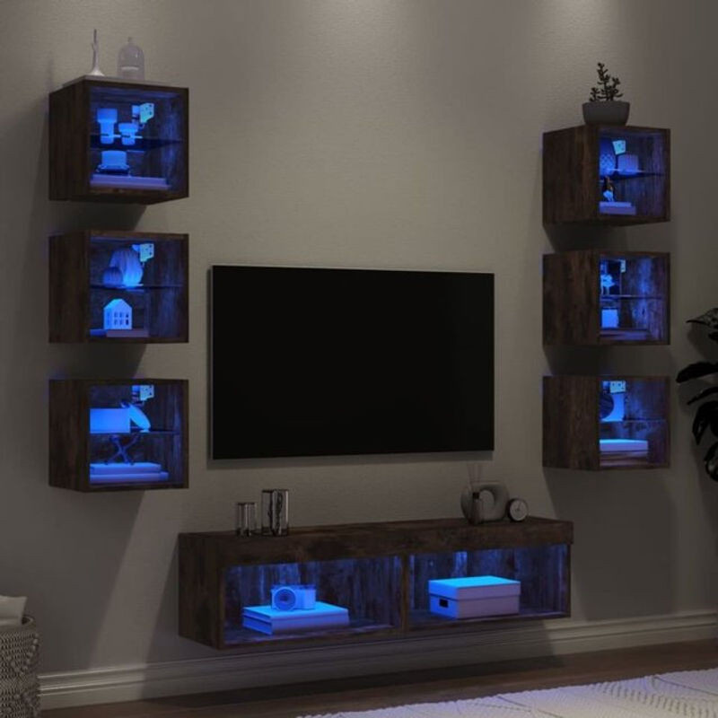 Vidaxl 8-teilige moderne Wohnwand mit LED-Beleuchtung in Räuchereiche, Braun und Grau aus Holzwerkstoff und Glas - Bild 1