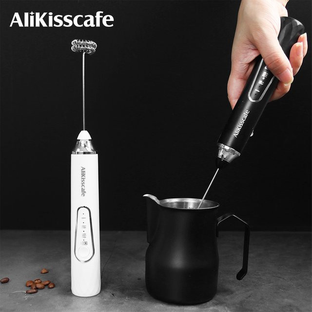 AliKisscafe Elektrischer Kaffee-Milchaufschäumer in Schwarz, Wiederaufladbarer Mixer und Barista-Zubehör für Espresso - Bild 1