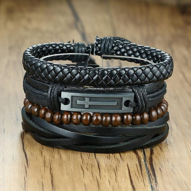 Vnox Armbänder, Leder, Holzperlen, Unisex, gray - Bild 1