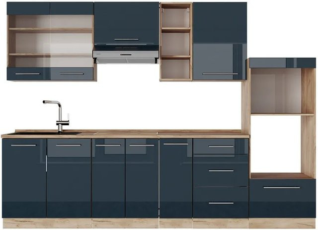 Vicco Küchenzeile Fame-Line Eiche Dunkelblau Hochglanz mit Arbeitsplatte, Breite: 280 cm, Höhe: 82 cm, Tiefe: 60 cm - Bild 2