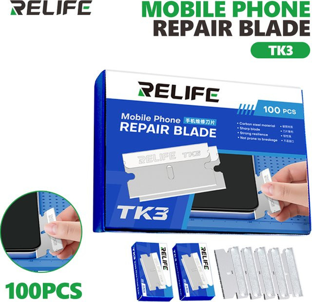 RELIFE TK3 Telefon-Reparaturklingen aus Carbonstahl in Silber, 100 Stück für Handy, Tablet und Bildschirmtrennung zur Demontage und Klebstoffentfernung - Bild 1
