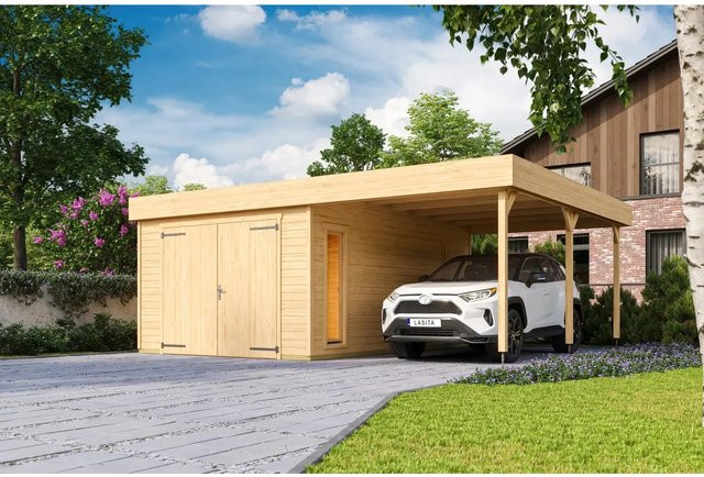 Lasita Maja Blockgarage Bahamas aus Holz in Braun-beige Natur mit Holztor und Seitentür, B/T: 820 x 560 cm - Bild 1