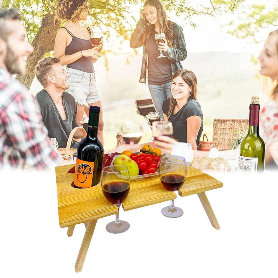 Fishine Outdoor Wein-Picknicktisch aus Massivholz in Braun, faltbarer und tragbarer Picknicktisch mit integrierter Käseplatte - Bild 2