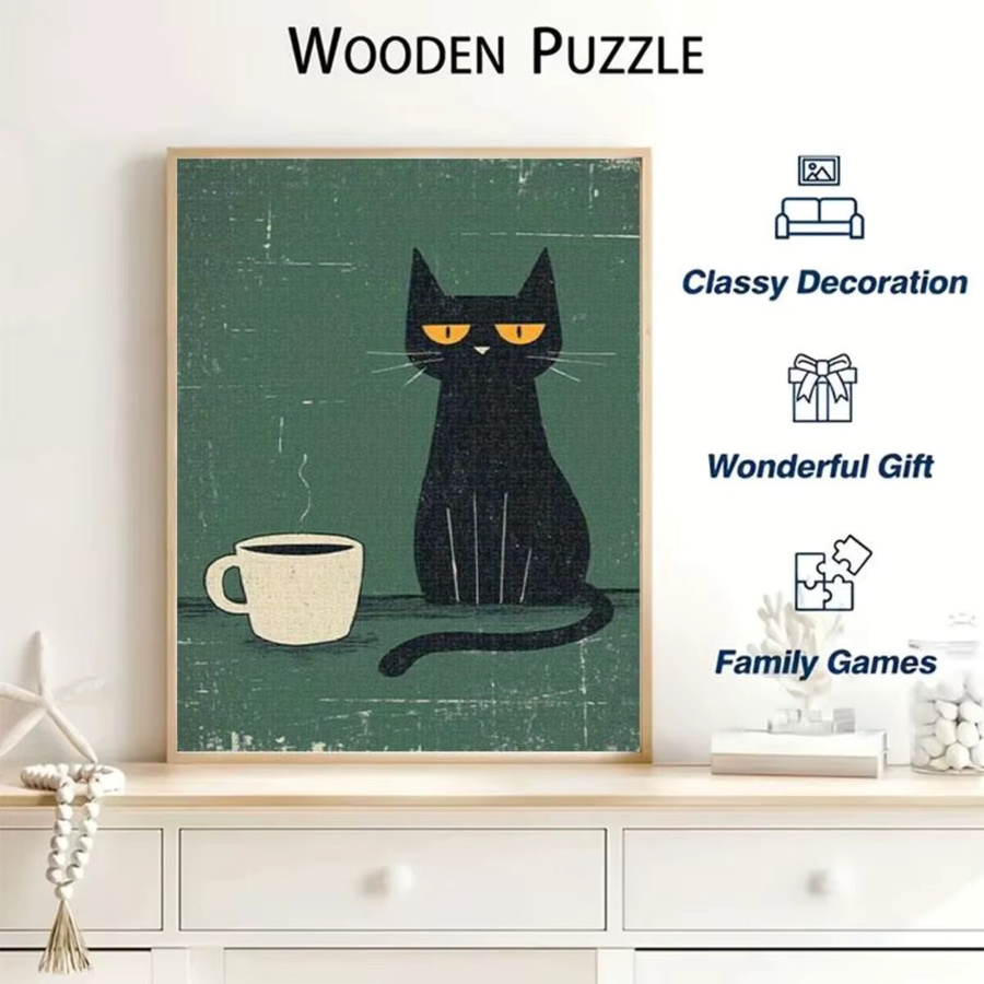 AZNM Puzzle, dunkle schwarze Katze mit warmem Kaffee und grünem Retro-Hintergrund, 1000 Teile - Bild 3