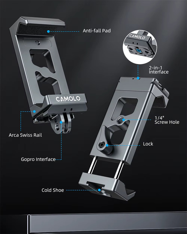 Leaplight Multifunktionaler Handyhalter aus Metall mit Arca Swiss, Cold Shoe und GoPro-Halterung sowie Handyklemme für iPhone und Samsung - Bild 3