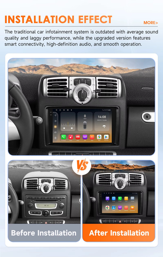 OSSURET Android 14 Autoradio für Smart fortwo 451 (2005-2010) mit 9 Zoll Display, Snapdragon 6115 Octa-Core, GPS, CarPlay, Android Auto, Bluetooth und 4G LTE in Schwarz - Bild 3