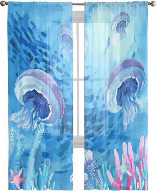 Super Six Transparente Tüll-Vorhänge mit Ozean-Motiv Korallen Seestern und Quallen in Blau, 2er-Set, Breite: 135 cm, Höhe: 114 cm - Bild 1