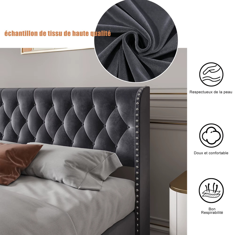 Fangange Samtbett mit Stauraum und hydraulischem Ottoman-Mechanismus, dunkelgraues Doppelbett mit getuftetem Nieten-Kopfteil, B/T: 140 x 200 cm - Bild 3
