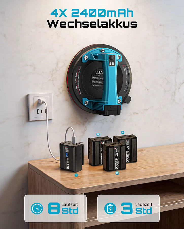 Seesii 2er Set Elektrische Vakuum-Saugnäpfe 8 Zoll mit intelligenter Anzeige und 4 Batterien für Keramik und Glas bis 200kg - Bild 4