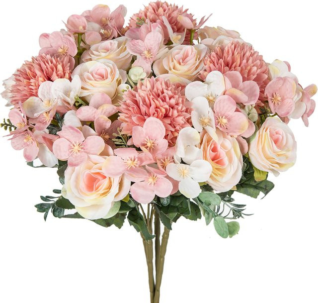 XIAOYINMO Seidenstrauß mit 6 Rosen und Chrysanthemen in Champagner für Hochzeiten und Heimdekoration - Bild 1