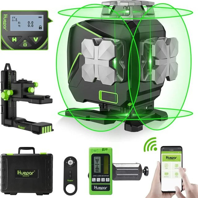Huepar 4D Selbstnivellierender Laser Level mit 16 Linien, 4x360 Grad Kreuzlinien, LCD-Bildschirm, Bluetooth-Fernbedienung und Detektor für Fliesenböden - Bild 1