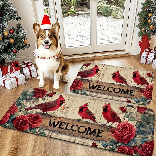 VIKAMA Rutschfeste Fußmatten mit Weihnachtsmotiv Kardinalen und Rosen in Multicolour für Küche und Badezimmer - Bild 1