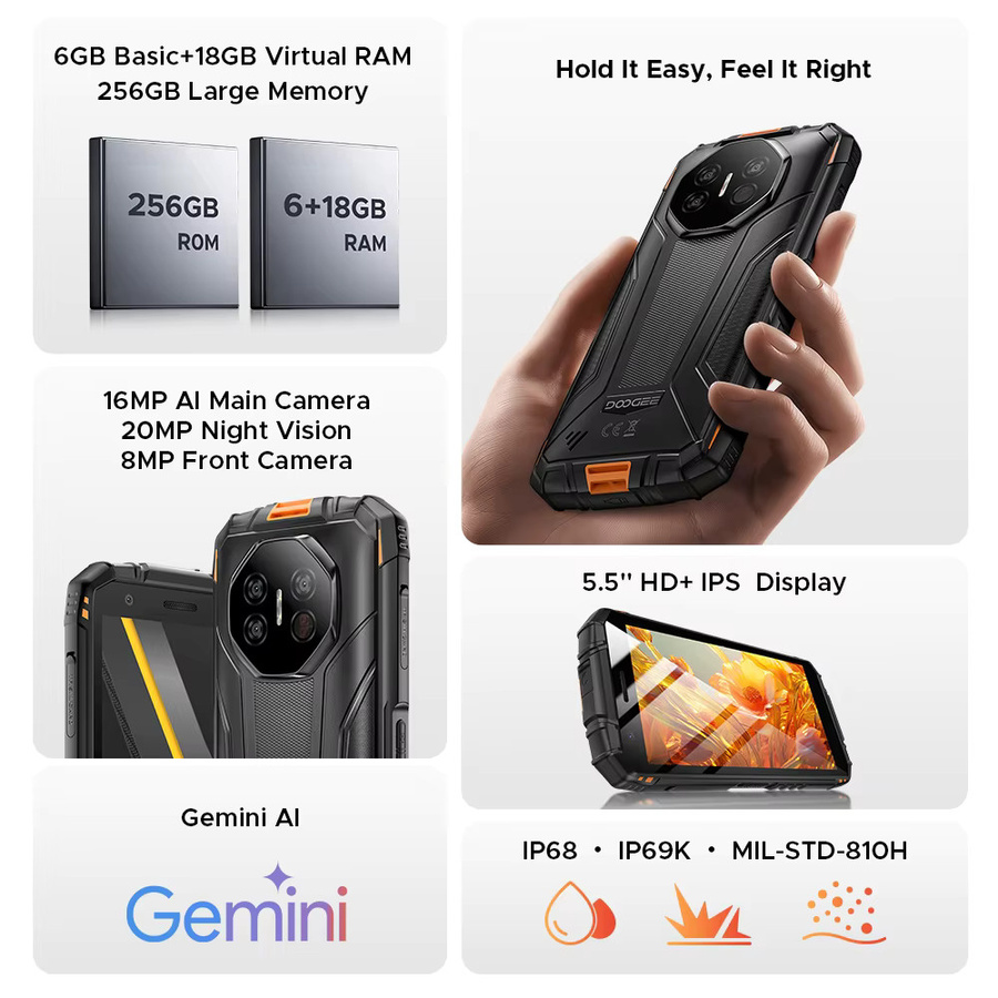DOOGEE Fire 3 Ultra Robustes Smartphone mit Android 15, 256 GB Speicher, 8350 mAh Akku, NFC und Gemini AI in Orange und Schwarz - Bild 2