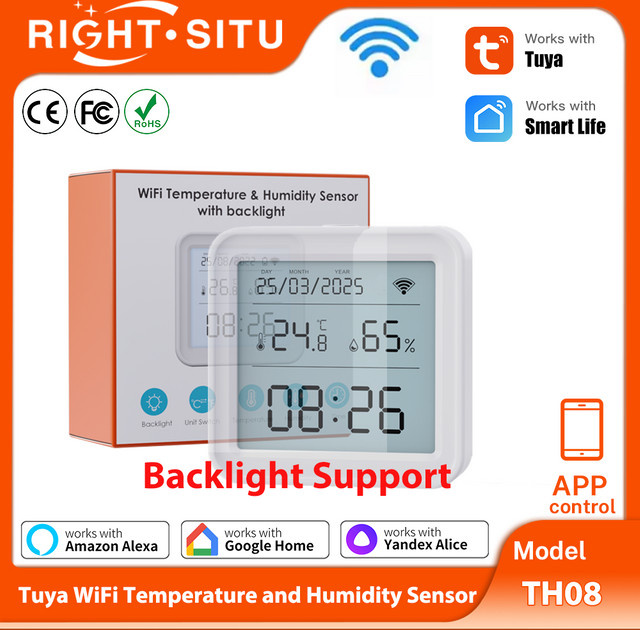 Tuya WiFi Temperatur- und Feuchtigkeitssensor mit Hintergrundbeleuchtung als Hygrometer-Thermometer in Weiß, kompatibel mit Yandex Alexa - Bild 1