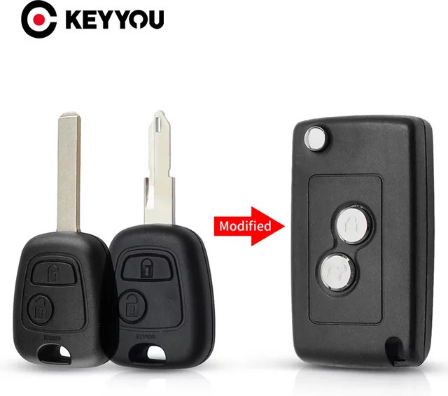KEYYOU Modifizierter Flip-Autoschlüssel mit 2 Tasten in Schwarz für Citroen C1 C2 C3 C4 Picasso Xsara und Peugeot 206 306 307 107 207 407 Partner - Bild 1