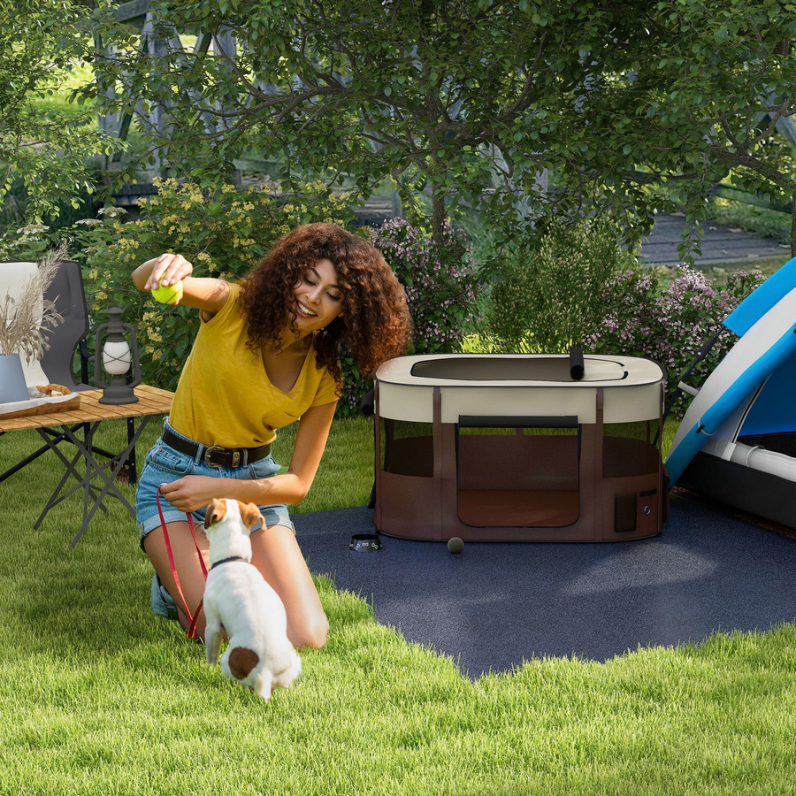 Aosom PawHut Hundepark aus Oxford-Gewebe als faltbares Outdoor-Gehege für Hunde und Welpen mit Aufbewahrungstaschen, B/T/H: 114 x 89 x 59 cm, cremefarben und braun - Bild 2