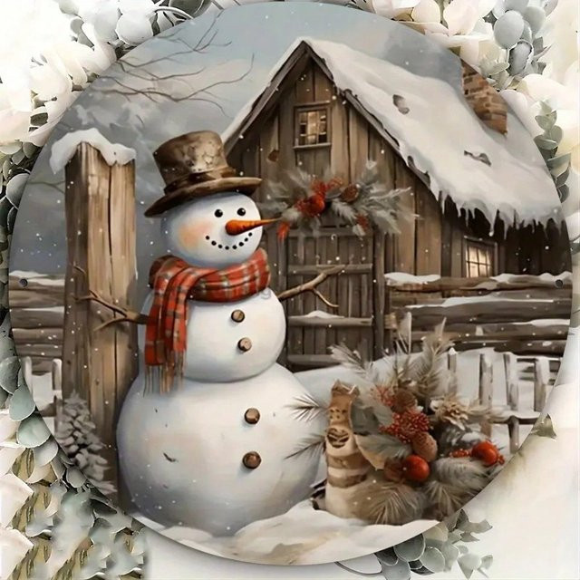 CIFBUY Vintage Metallschild Winterhütte & Schneemann – Rundes Eisenwandbild für Weihnachtsdekoration, Mehrfarbig, Durchmesser: 20 cm - Bild 1