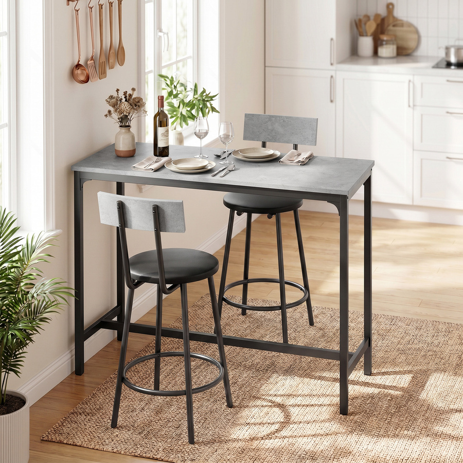 HOMCOM Bartisch Set mit 2 gepolsterten Barhockern in Grau, moderner Esstisch mit Fußstütze für Esszimmer und kleine Räume - Bild 2