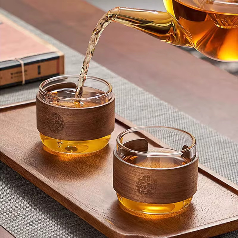 YWDL Teebecher Set aus hitzebeständigem Glas mit Holzhalter, 6 Stück, transparent, 150 ml pro Becher - Bild 2