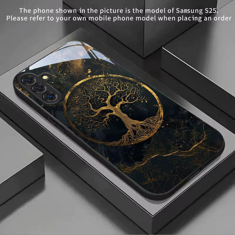 Handyhülle aus gehärtetem Glas mit Lebensbaum-Muster in Schwarz und Gold für Samsung Galaxy S25 S24 S22 S21 S20 FE Ultra Plus 4G 5G - Bild 4
