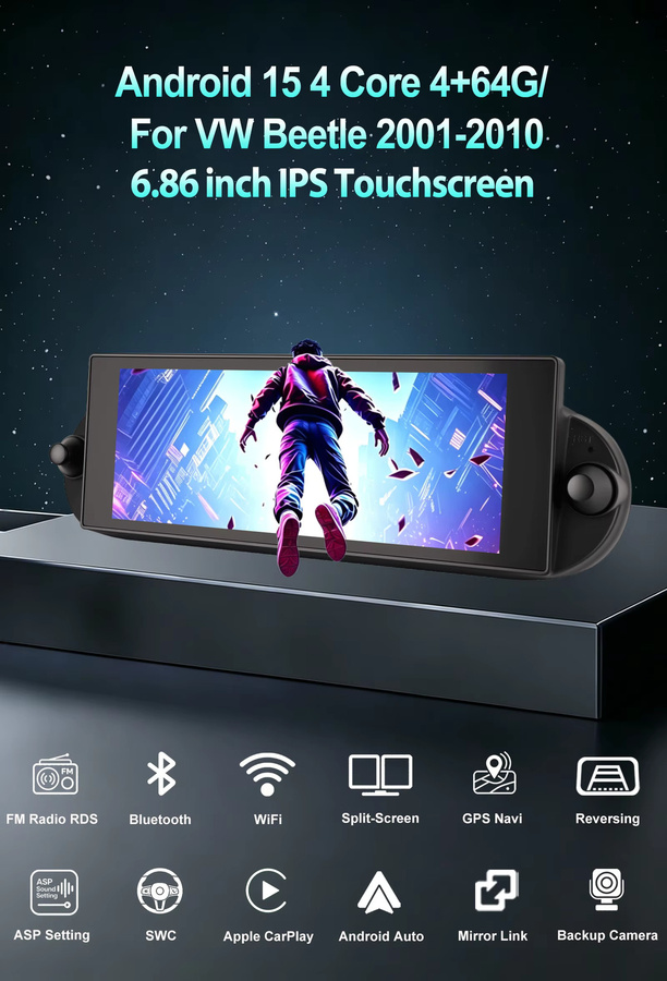 ESSGOO Android 15 Autoradio für VW Beetle 2001-2010 mit 6,86 Zoll IPS Touchscreen, 4+64GB, kabellosem Carplay, Android Auto, GPS, Bluetooth und WLAN in Schwarz - Bild 2