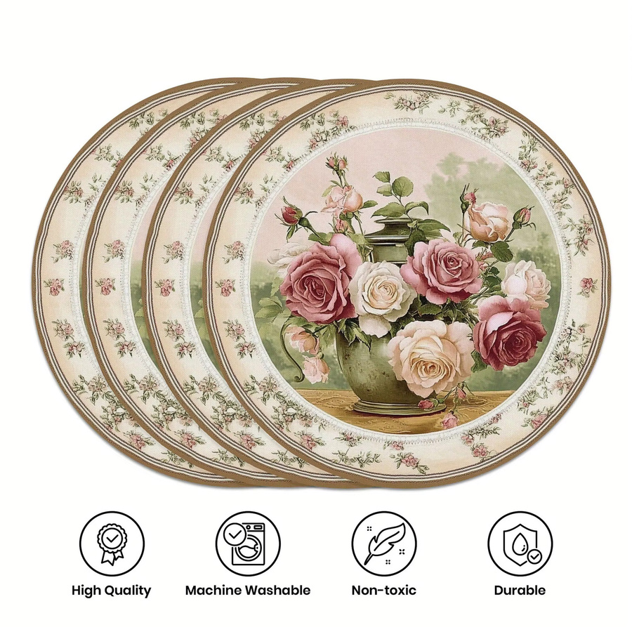 VIKAMA 4-teiliges Tischset Rosen-Design für Nachmittagstee und Tischdekoration - Bild 3