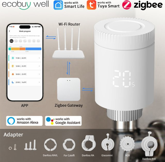Tuya Zigbee Thermostatventil Smart Heizkörperkopf mit Temperaturregler in Weiß für Google Alexa und Smart Home Integration - Bild 1