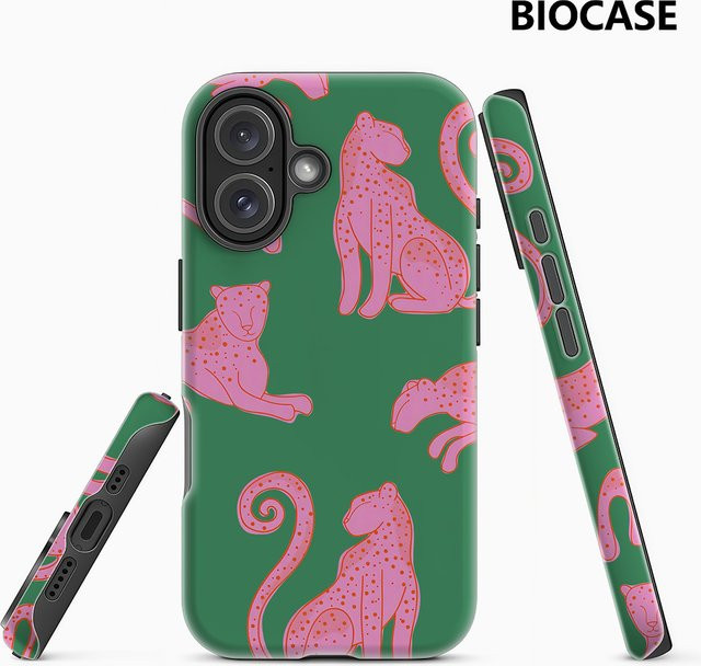 Potdemiel Handyhülle mit Rosa Leoparden-Muster und grünen Akzenten für iPhone 18/17/16/15/14/13/12 Pro Max Plus, Doppelschichtige Rückabdeckung - Bild 1