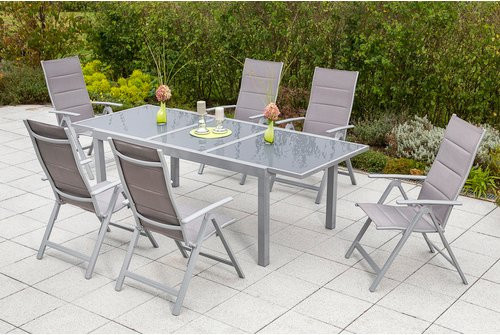 Merxx Gartenmöbelset Taviano 7-teilig mit ausziehbarem Tisch und 6 Klappsesseln aus Aluminium und Textil in Silber, Anthrazit, Grau und Braun, Tisch Breite: 160 cm bis 220 cm, Tiefe: 90 cm - Bild 1