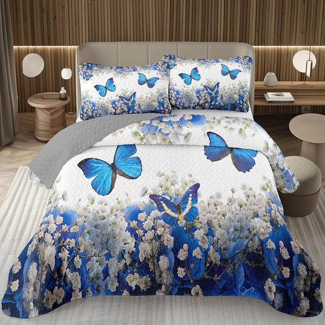 JMG Household Supplies Wendbare Gesteppte Tagesdecke Schmetterling Aquarell Botanisch Floral in Blau, B/T/H: 173 x 228 cm - Bild 1
